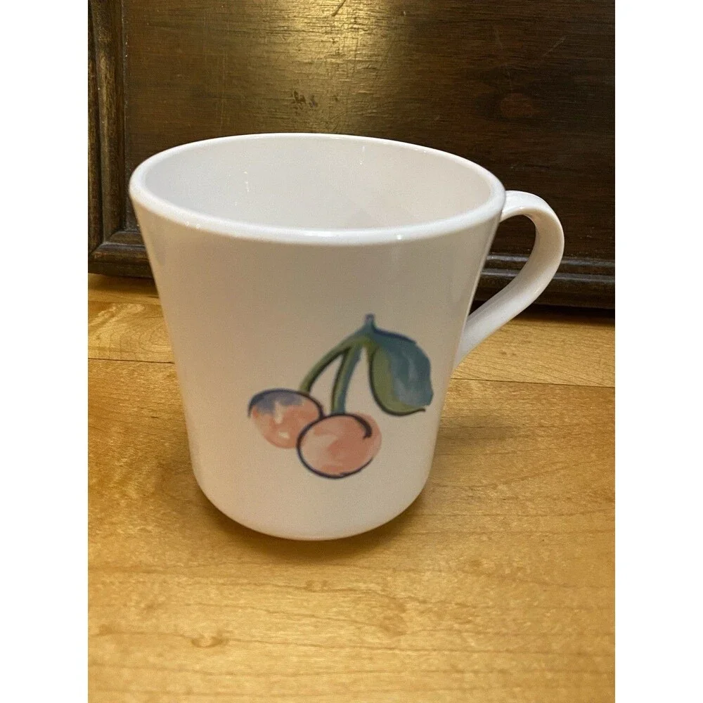 Corelle Fruit Basket Mugs Set 6 Apples Cherries White Coffee Cups Vintage Tea